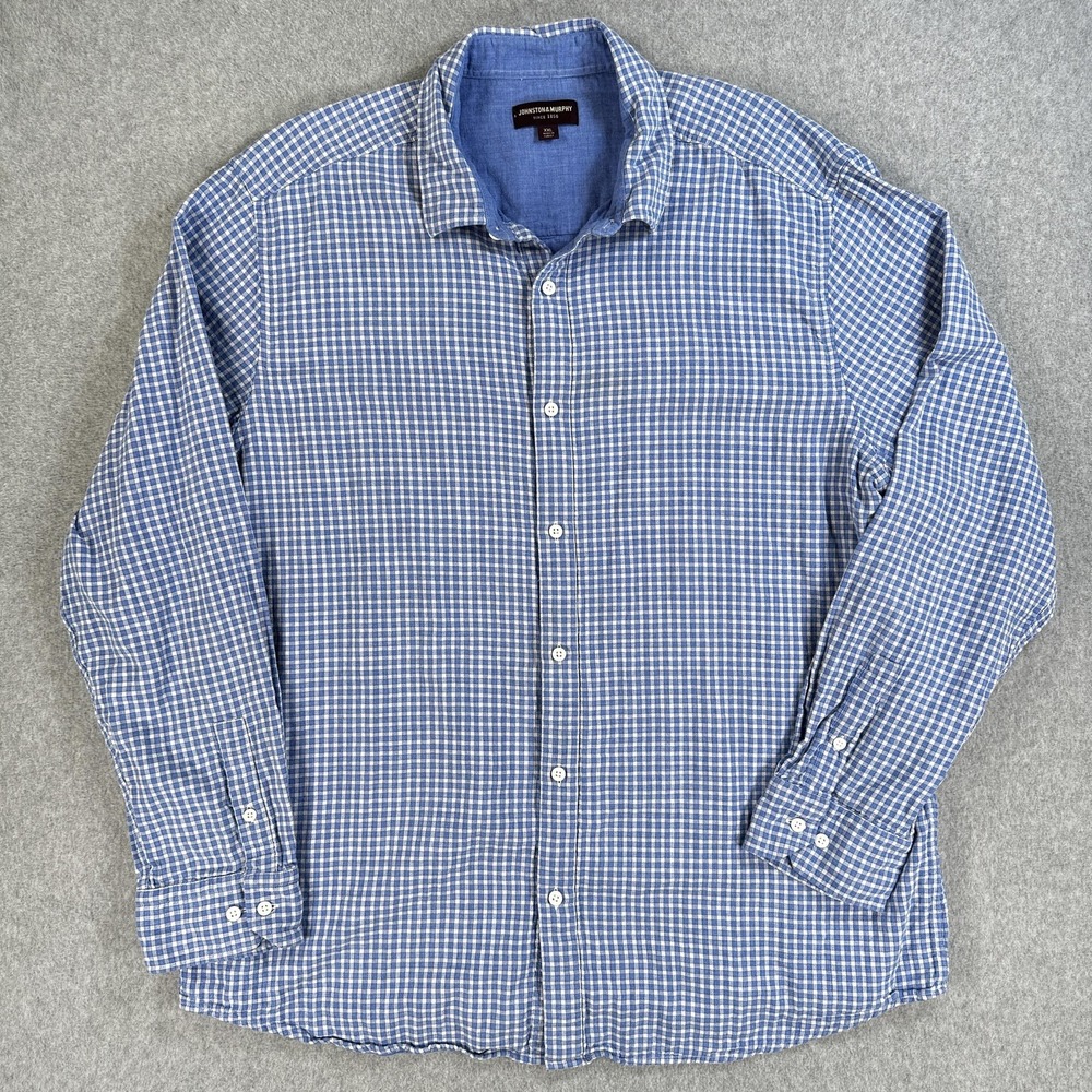 Johnston & Murphy Flannel Plaid Shirt Button Up Mens 2XL Blue